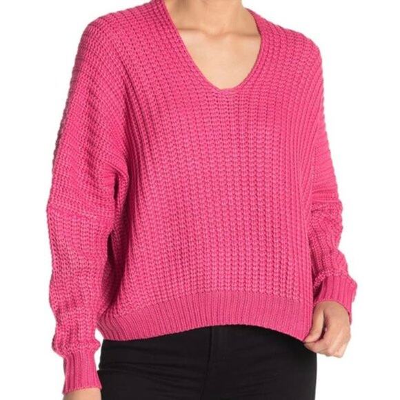Elan Fuchsia Pink Casual Cable Knit V-Neck Relaxed Knitted Sweater One Size - Picture 1 of 11